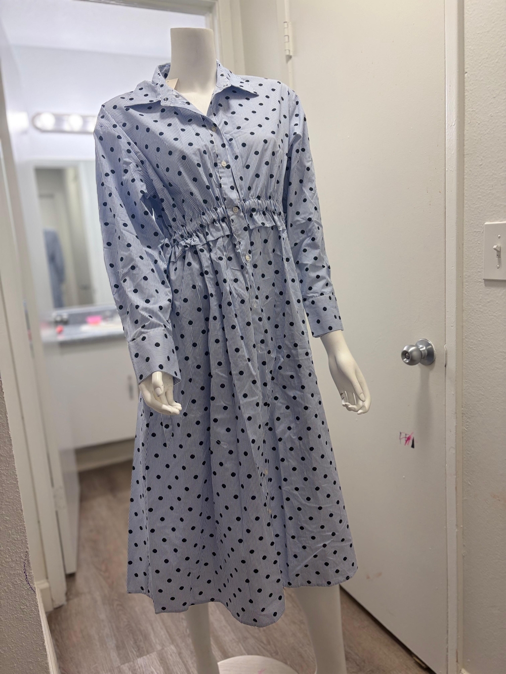 a new day Light Blue Polka Dot Midi Shirt Dress